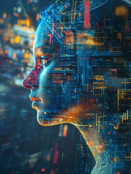 Digital Woman Futuristic Technology AI Circuitry Network Abstract Profile Portrait Modern Art Design Graphic Illustration Background Image Data Code  
