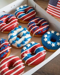 Obraz premium Festive red white and blue decorated donuts in box for patriotic celebrations and holidays
