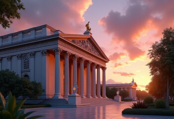 Obraz premium columned ionic details illuminated sunset sky colors architectural marvel, architecture, design, pillar, ornamentation, light, shadow, clouds, texture