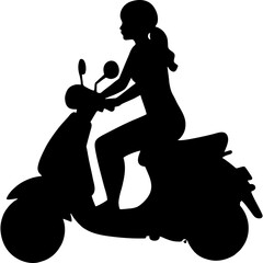 Silhouette of woman riding scooter on white background
