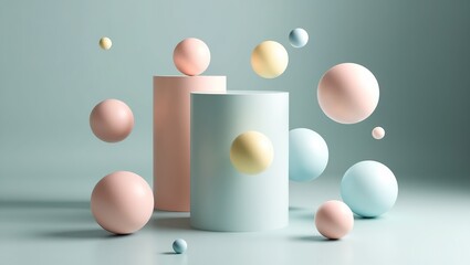 Surreal Floating Pastel Balls Over Cylindrical Podium