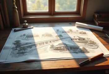 detailed blueprints spread rustic wooden drafting table artist architectural design workspace, architecture, paper, pen, tools, layout, measurements