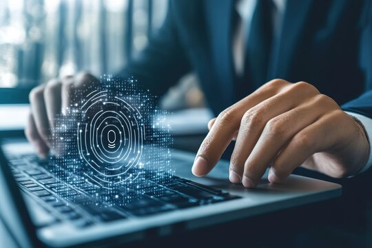 A business professional using a biometric login system, facial recognition scanning, and secure digital identity protection