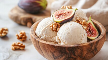 Natural almond milk gelato with figs and caramelized walnuts, served in a wooden bowl with warm tones and soft shadows