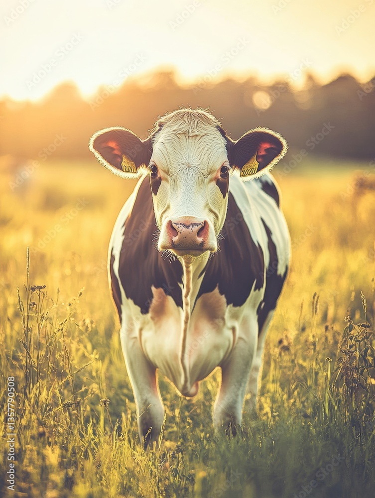Aufkleber peaceful dairy cow stands in a lush green meadow under soft golden sunlight during late afternoon ho