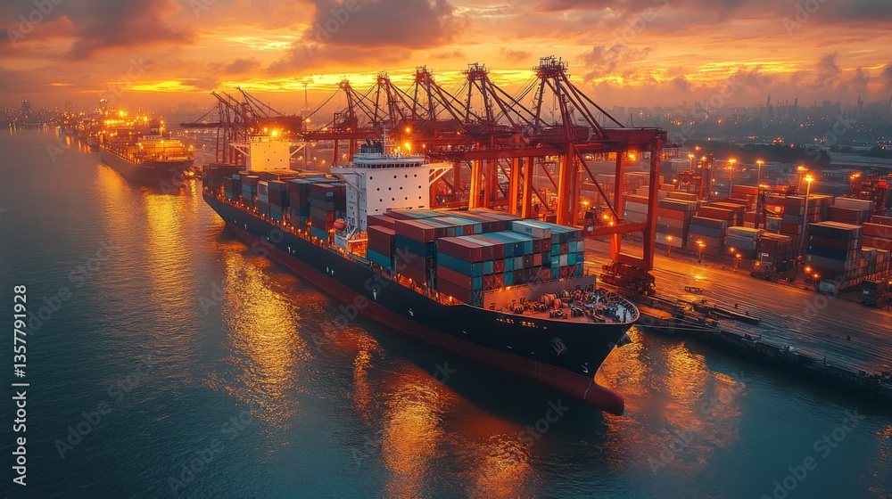 Poster a large cargo ship is docked at a busy logistics port during a vibrant sunset. cranes are actively u