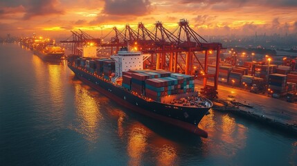 A large cargo ship is docked at a busy logistics port during a vibrant sunset. Cranes are actively unloading containers while the water reflects the colorful sky.