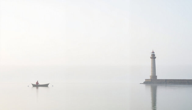 Lonely fisherman in a boat on calm water with a lighthouse in foggy morning, Lighthouse and boat, boat trip 