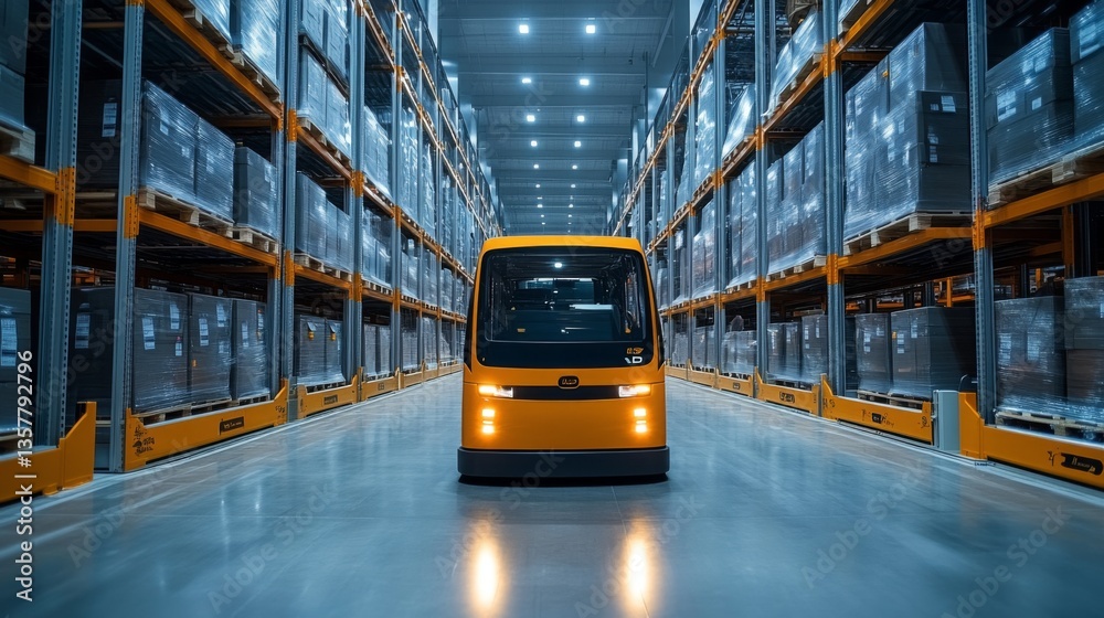 Poster an autonomous vehicle moves through a spacious warehouse lined with tall shelves filled with stacked