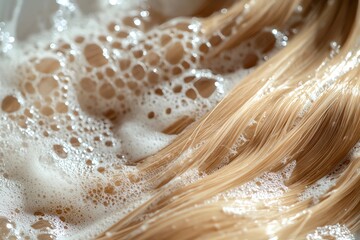Close-up of blonde hair being washed with shampoo in a bathtub, with bubbles and foam on top of the long, straight hair against a green background