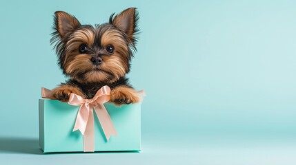 Yorkshire Terrier puppy in gift box with bow on pastel blue background