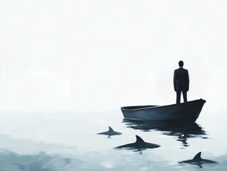 man in a boat surrounded by sharks