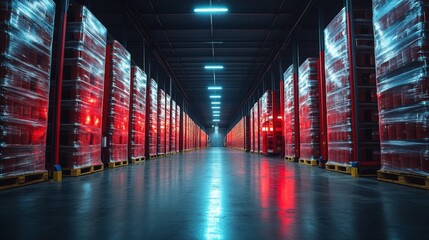 A modern warehouse displaying rows of neatly stacked, palletized cargo covered in protective wrap under bright lighting, emphasizing efficient inventory storage and logistics operations.