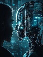 Obraz premium Futuristic Woman Facing Transparent AI Robot Digital Art Modern Technology Concept Artificial Intelligence Cyborg Humanoid Machine Learning Deep 