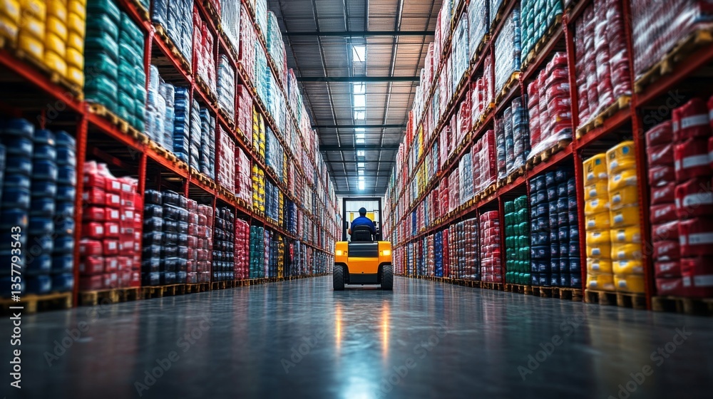 Leinwandbilder a worker drives a small vehicle through a spacious warehouse packed with neatly organized shelves of