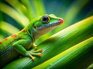 Fototapeta premium Vibrant Green Gecko on Tropical Plant, Detailed Product Shot for Design Inspiration