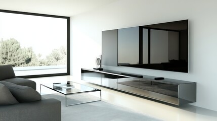 A clean and modern living room with crisp white walls and a sleek, minimalist black and silver wall unit supporting a flat-screen TV