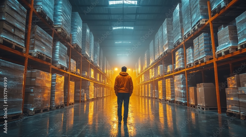 Poster a person stands alone in a spacious warehouse filled with stacked pallets, illuminated by a warm gol