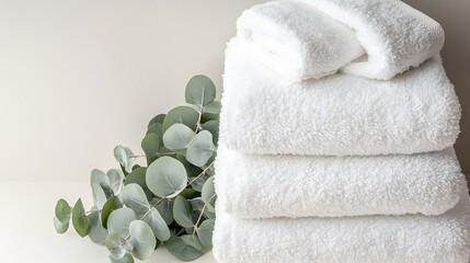 Neat pile of white fluffy towels next to eucalyptus sprigs emphasizing freshness and hygiene