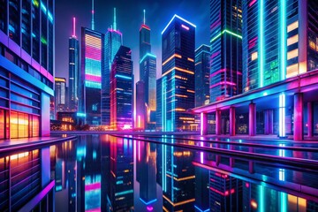Vibrant Neon Night Lights Cityscape, Colorful Abstract Urban Pattern, Dark City Night Photography