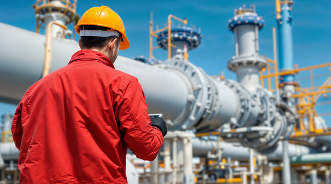 Gas pipeline, critical component of natural gas processing facility. Transportation and processing of natural gas. Worker inspecting gas pipeline at industrial plant with a digital tablet