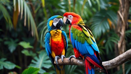 Obraz premium Colorful Macaws Perched on a Branch in Tropical Jungle