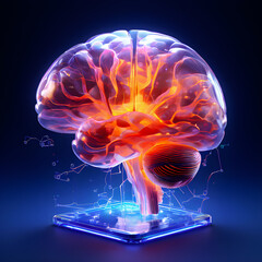 human brain translucent scan medical illustration, blue luminescent light on abstract background 