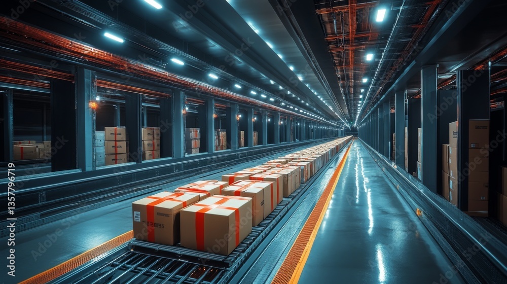 Poster Long rows of neatly stacked boxes move along a conveyor belt in a state of the art warehouse dedicated to logistics and distribution.