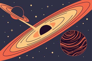 29 Space scene, black hole, cosmic event, swirling energy, celestial phenomenon, dark planet, fiery accretion disk, glowing particles, galactic vortex, astronomical illustration, stellar explosion, co