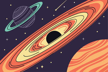 29 Space scene, black hole, cosmic event, swirling energy, celestial phenomenon, dark planet, fiery accretion disk, glowing particles, galactic vortex, astronomical illustration, stellar explosion, co