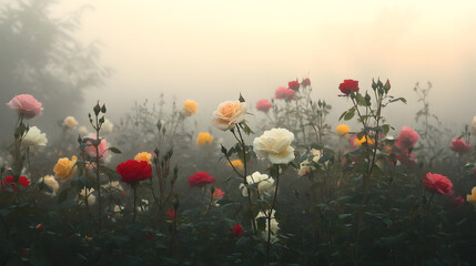 A foggy, mystical rose field at the break of dawn, with soft pink, red, white, and yellow roses glowing through the mist, creating a dreamlike scene.