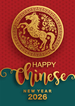Happy chinese new year 2026 the horse zodiac sign with flower,lantern,asian elements red and gold color paper cut style on color background. ( Translation : happy new year 2026 year of the horse )
