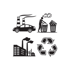 Black and white icons environmental impact symbols factory pollution car emissions trash bins recycling logo