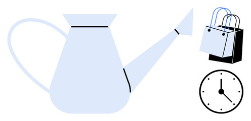 Watering can, shopping bags, and clock representing growth, time management, and retail. Ideal for business strategy, investment growth, productivity, retail development shopping time management