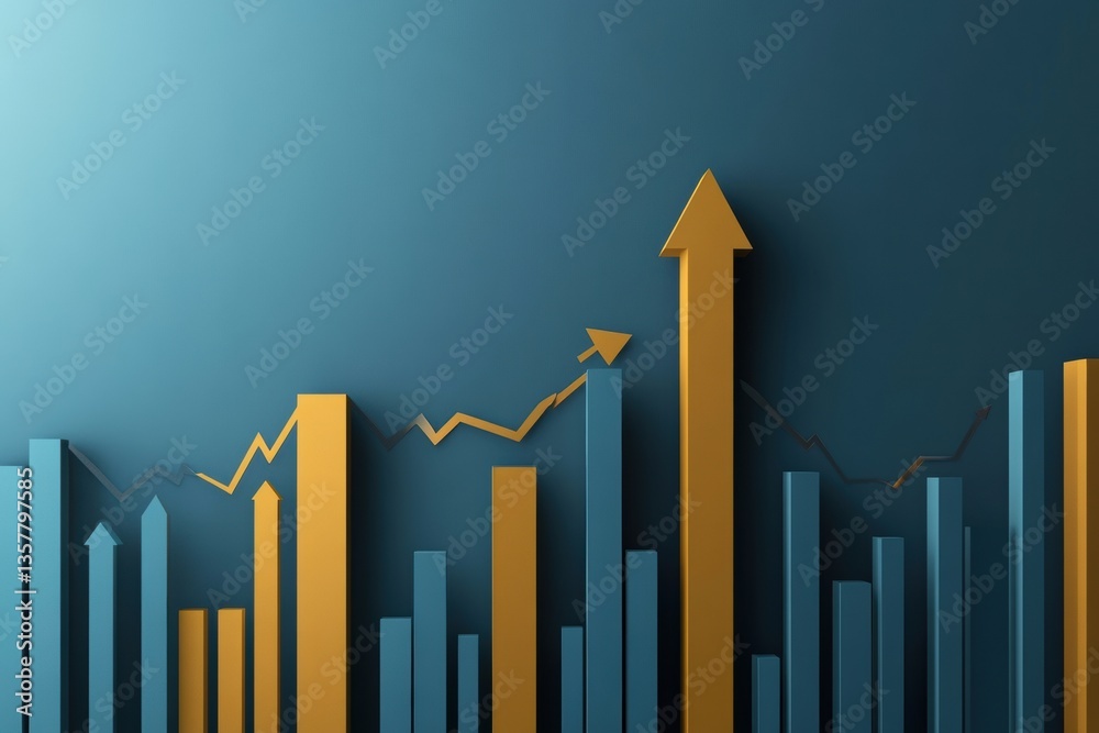 Poster modern business background featuring layered paper cut bar charts and upward arrows in gold and blue