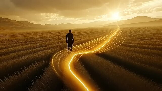 A silhouette of a person walking through a golden field at sunset, with a glowing path leading forward