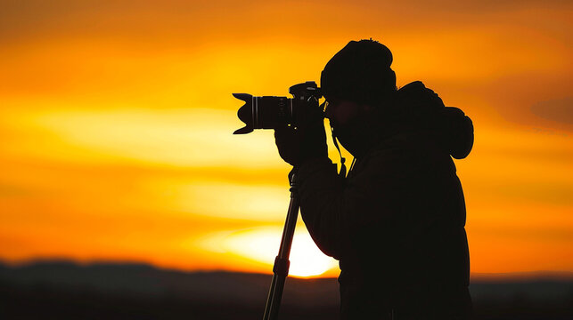 photographer with a camera on the sunset