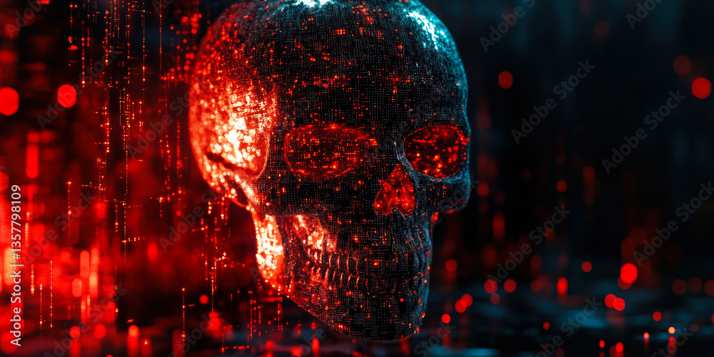 Poster digital skull with cyber glitch effect on futuristic red background representing cybersecurity threa