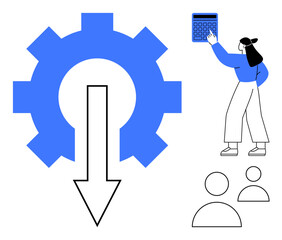 Gear with down arrow symbolizes efficiency, accompanied by a woman with calculator overseeing resource allocation. Includes user icons. Ideal for productivity, management, workflow, savings, team