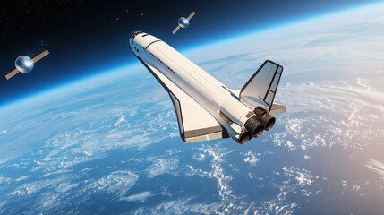 Space tourism and satellite atmosphere, A spacecraft ascends above Earth, surrounded by satellites, showcasing the vastness of space with a beautiful view of the planet below.