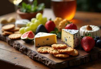 elegant cheese platter wine display fresh fruit accents gourmet food styling, variety, grapes, cheddar, brie, blue, nuts, dried, olive, crackers, basket