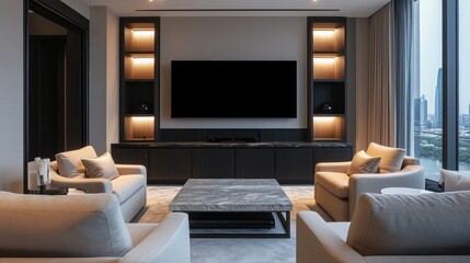 A contemporary living room with a black LED TV mounted above a stylish wooden entertainment unit