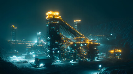 A futuristic mining facility illuminated at night with bright glowing machines processing ores in a modern operation.