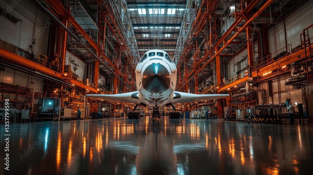 Poster rescue and refurbishment processes are depicted with a rocket positioned in a vast aerospace facilit