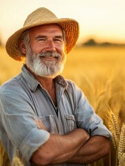 Fototapeta premium Smiling Senior Caucasian Man Farmer in Wheat Crop Field. Rustic Farm Portrait for Agricultural Business, Harvesting Season and Organic Farming Projects.