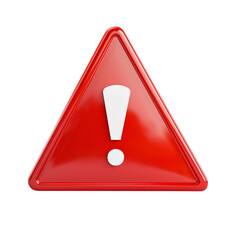 A high-quality, 3D render of a glossy red warning triangle with a white exclamation point. isolated on transparent background HD photo PNG file download. 