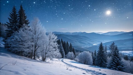 Fototapeta premium Moonlit Winter Wonderland — Starry Night Over Snowy Mountains