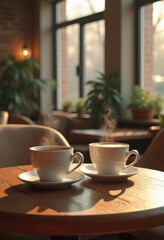 Obraz premium two steaming coffee cups wooden table cozy coffeehouse atmosphere morning ritual warm beverages comforting scene, kitchen, brown, hot, drink, espresso, latte
