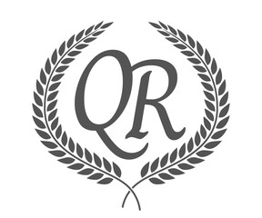 Initial letter Q and R, QR monogram logo design with laurel wreath. Luxury calligraphy font.