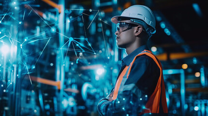 young woman engineer in uniform working in the factory and using digital smart phone to analyze data and information on digital tablet computer with big data in